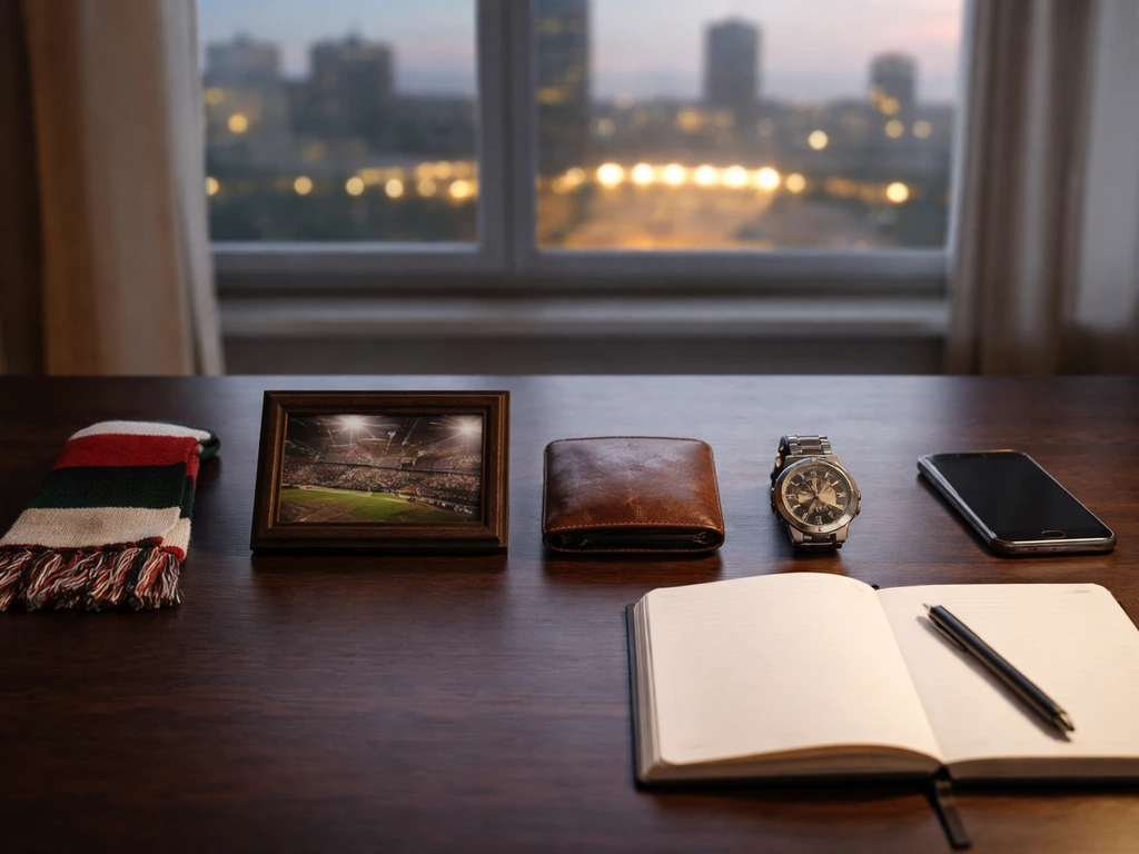 Minimal desk scene with anonymous memorabilia, blank notebook, and city skyline bokeh implying career income years.