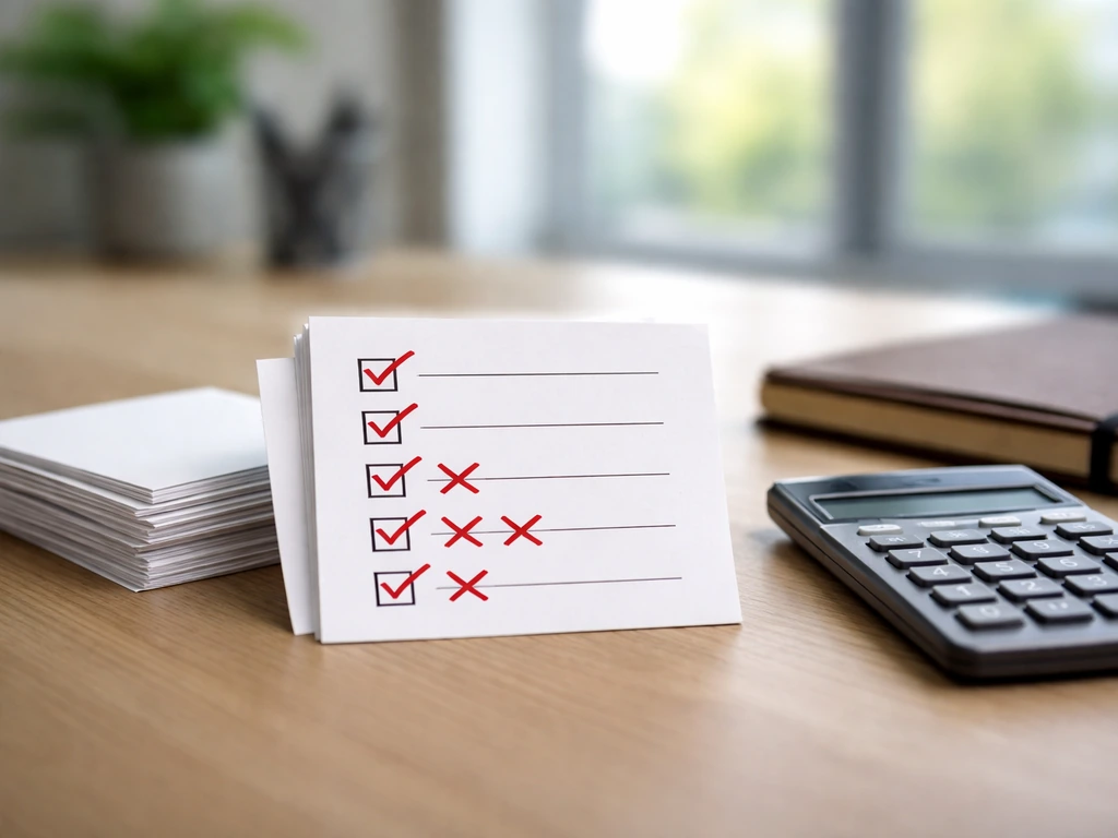 Minimal desk scene with red warning checklist cards beside a calculator, symbolizing unreliable estimates.