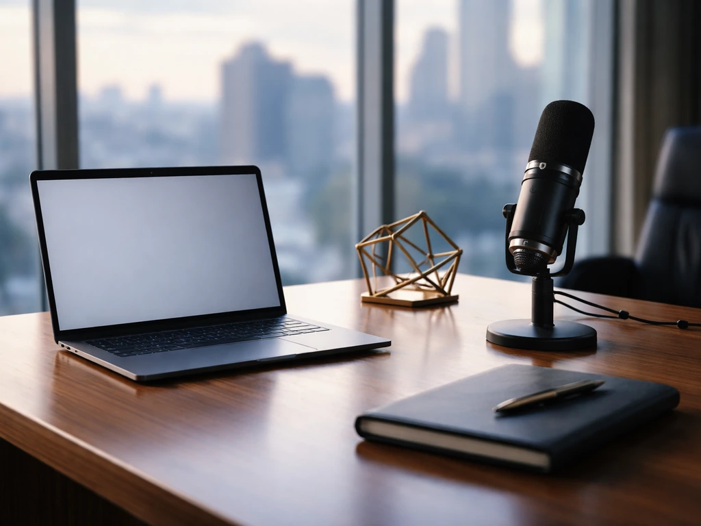 Empty executive office desk with microphone and laptop, modern city view, conveying business net-worth theme.