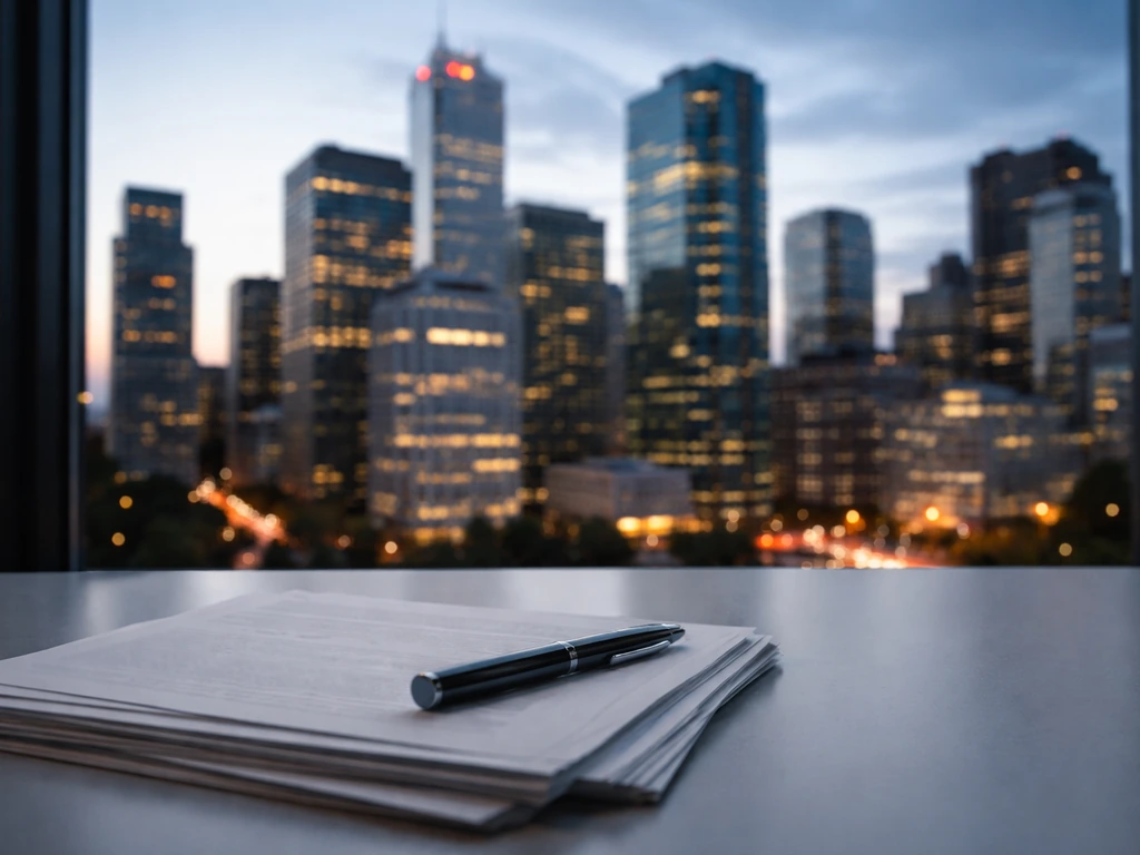 Modern Canadian downtown office building at dusk with a banker’s pen and documents blurred in foreground.