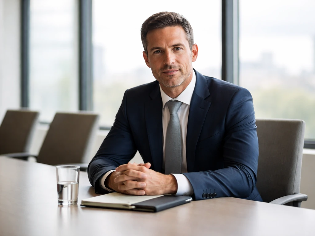Anonymous executive in a modern boardroom, seated near a glass window, leadership meeting atmosphere.