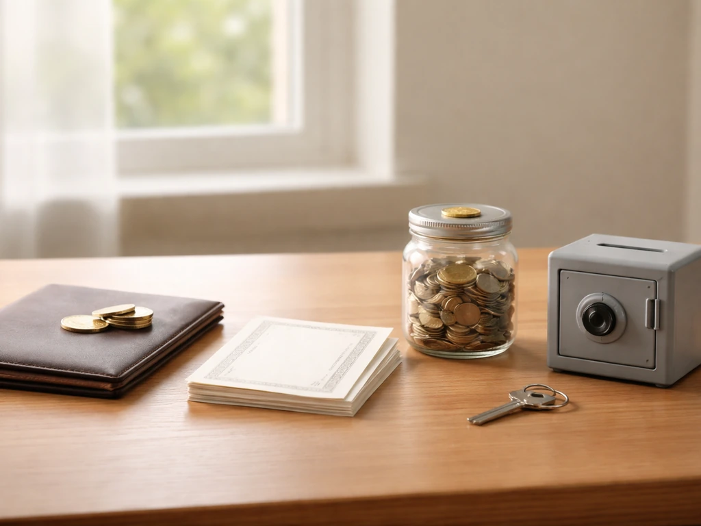 Minimal office desk with portfolio, coins, paper stock-like sheets, and a small money box symbolizing wealth inputs.