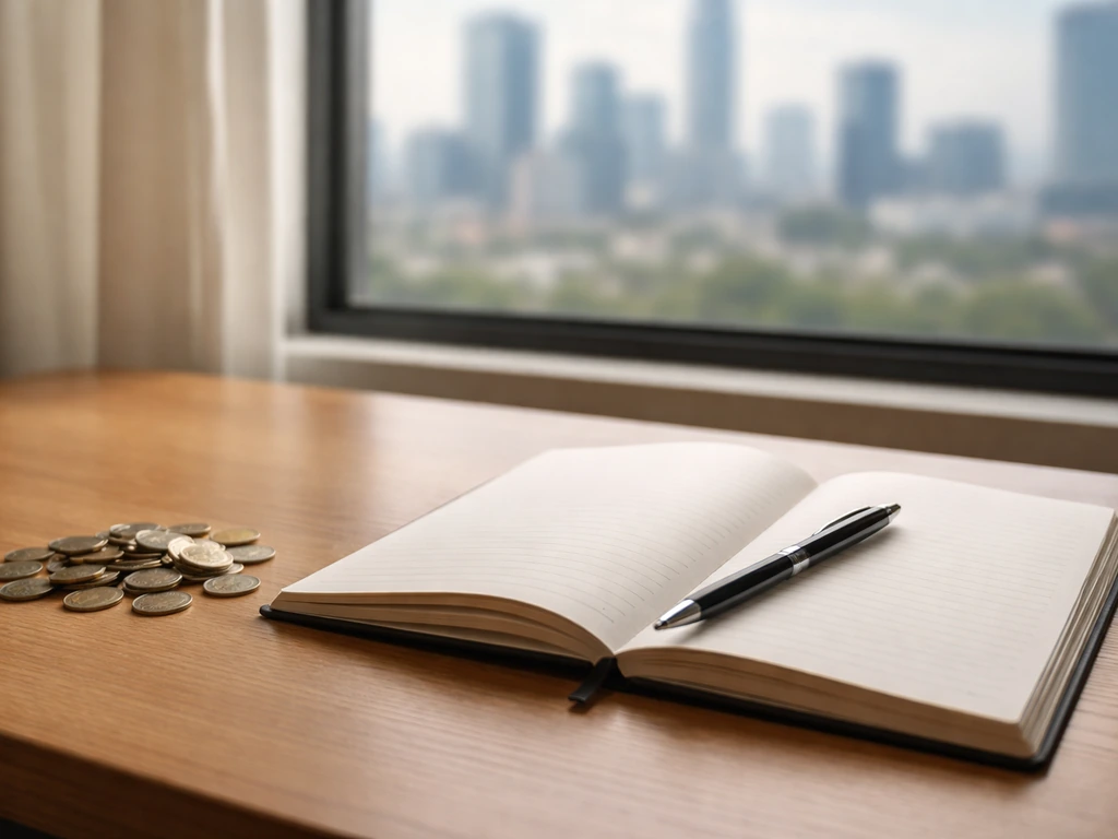 Minimal photo of a professional office desk with a notebook, pen, and coins symbolizing career wealth changes.